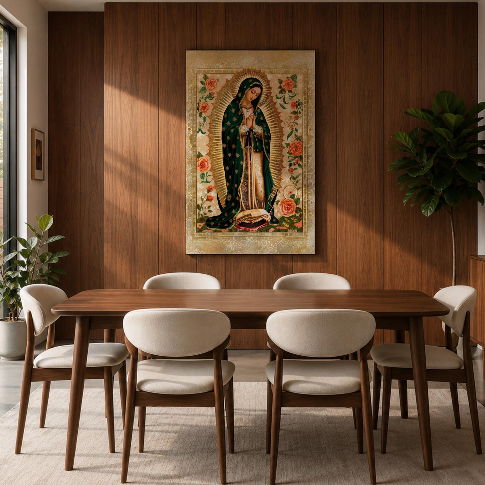 Decorative devotional illustration of Our Lady of Guadalupe standing in prayer with hands folded, wearing a green mantle with golden stars and a pink robe, surrounded by radiant golden rays and an ornate border of blooming roses and floral motifs in a traditional Mexican Catholic icon style.