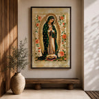 Decorative devotional illustration of Our Lady of Guadalupe standing in prayer with hands folded, wearing a green mantle with golden stars and a pink robe, surrounded by radiant golden rays and an ornate border of blooming roses and floral motifs in a traditional Mexican Catholic icon style.