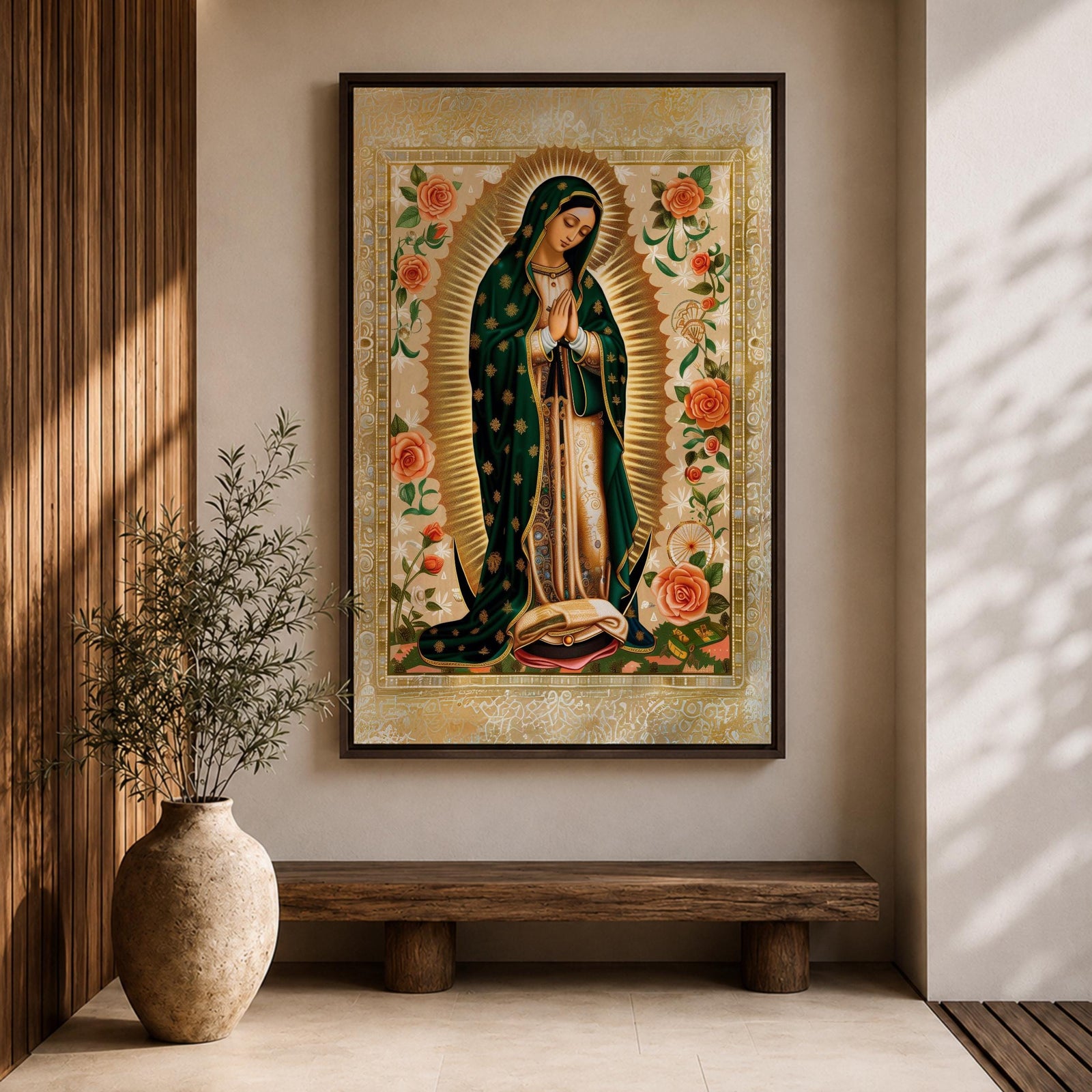 Decorative devotional illustration of Our Lady of Guadalupe standing in prayer with hands folded, wearing a green mantle with golden stars and a pink robe, surrounded by radiant golden rays and an ornate border of blooming roses and floral motifs in a traditional Mexican Catholic icon style.