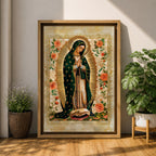 Decorative devotional illustration of Our Lady of Guadalupe standing in prayer with hands folded, wearing a green mantle with golden stars and a pink robe, surrounded by radiant golden rays and an ornate border of blooming roses and floral motifs in a traditional Mexican Catholic icon style.