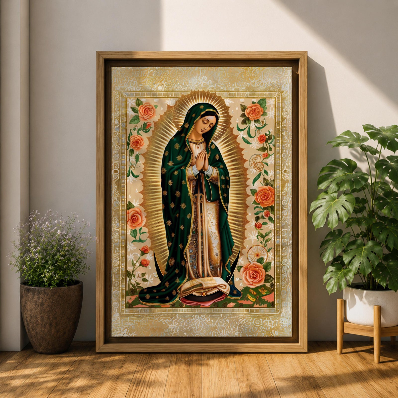 Decorative devotional illustration of Our Lady of Guadalupe standing in prayer with hands folded, wearing a green mantle with golden stars and a pink robe, surrounded by radiant golden rays and an ornate border of blooming roses and floral motifs in a traditional Mexican Catholic icon style.