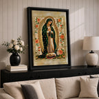 Decorative devotional illustration of Our Lady of Guadalupe standing in prayer with hands folded, wearing a green mantle with golden stars and a pink robe, surrounded by radiant golden rays and an ornate border of blooming roses and floral motifs in a traditional Mexican Catholic icon style.
