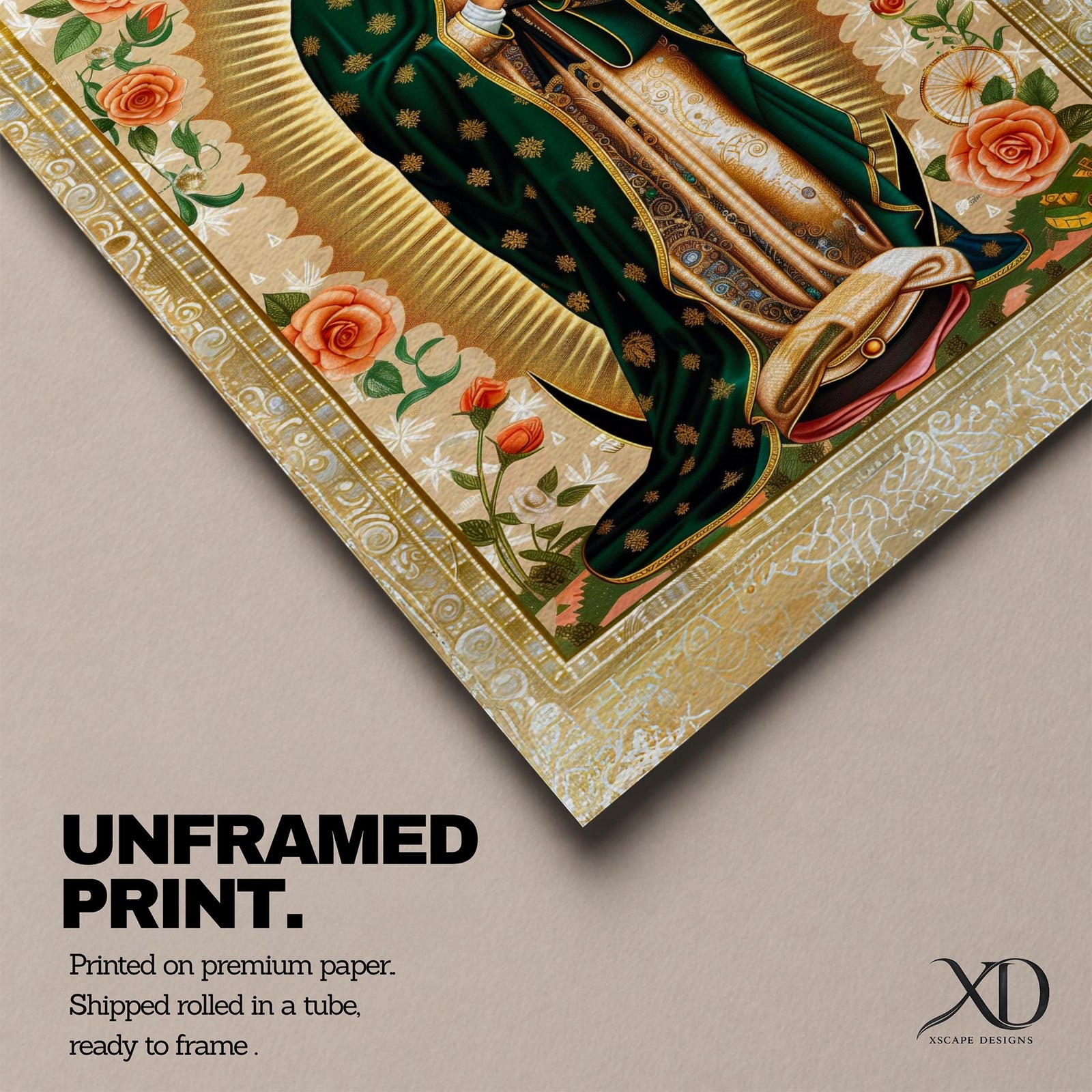 Decorative devotional illustration of Our Lady of Guadalupe standing in prayer with hands folded, wearing a green mantle with golden stars and a pink robe, surrounded by radiant golden rays and an ornate border of blooming roses and floral motifs in a traditional Mexican Catholic icon style.