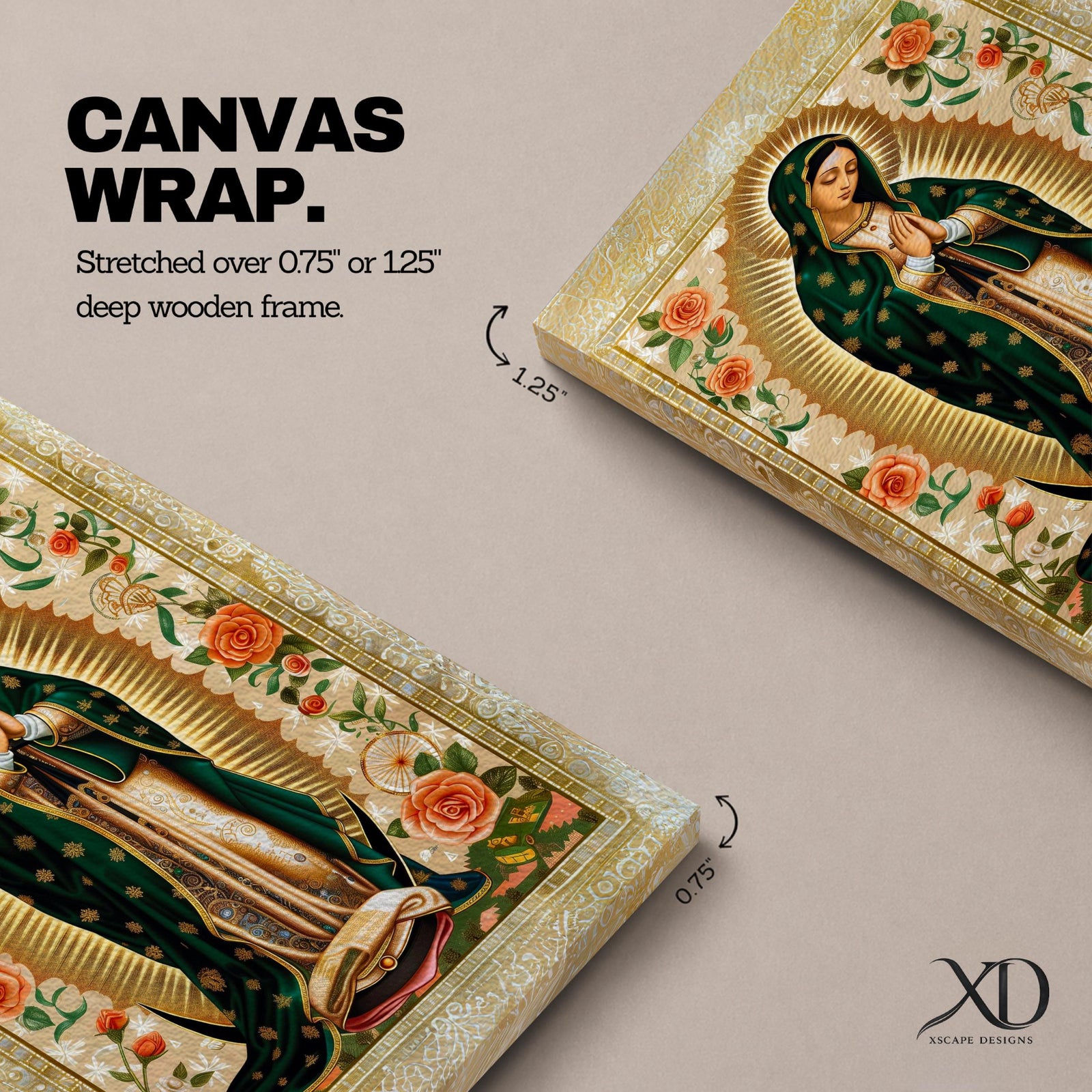 Decorative devotional illustration of Our Lady of Guadalupe standing in prayer with hands folded, wearing a green mantle with golden stars and a pink robe, surrounded by radiant golden rays and an ornate border of blooming roses and floral motifs in a traditional Mexican Catholic icon style.