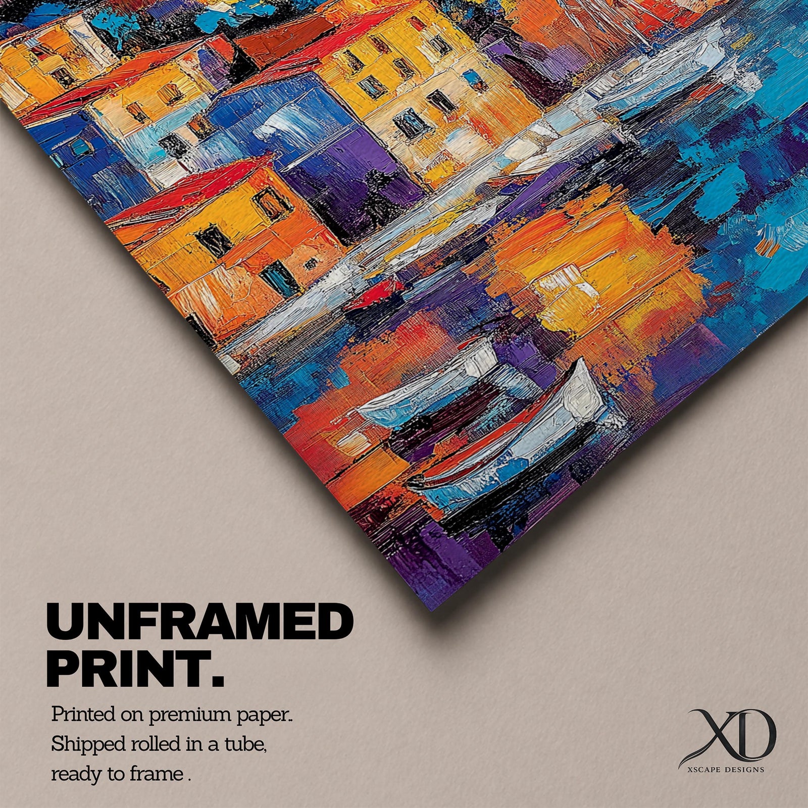 This impasto style framed canvas depicts a vibrant Italian village perched on a coastal hillside with colorful buildings and boats reflected in the water, capturing the Mediterranean landscape with textured brushstrokes and bold colors.