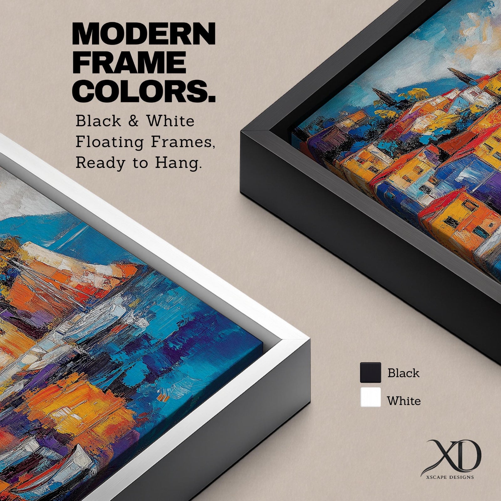 This impasto style framed canvas depicts a vibrant Italian village perched on a coastal hillside with colorful buildings and boats reflected in the water, capturing the Mediterranean landscape with textured brushstrokes and bold colors.