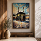 Textured painting of the Kaaba at Masjid Al Haram in Mecca showing the black cube with gold calligraphy bands centered in the mosque courtyard, surrounded by arches and two tall minarets under a dramatic blue sky rendered with thick palette knife textures.