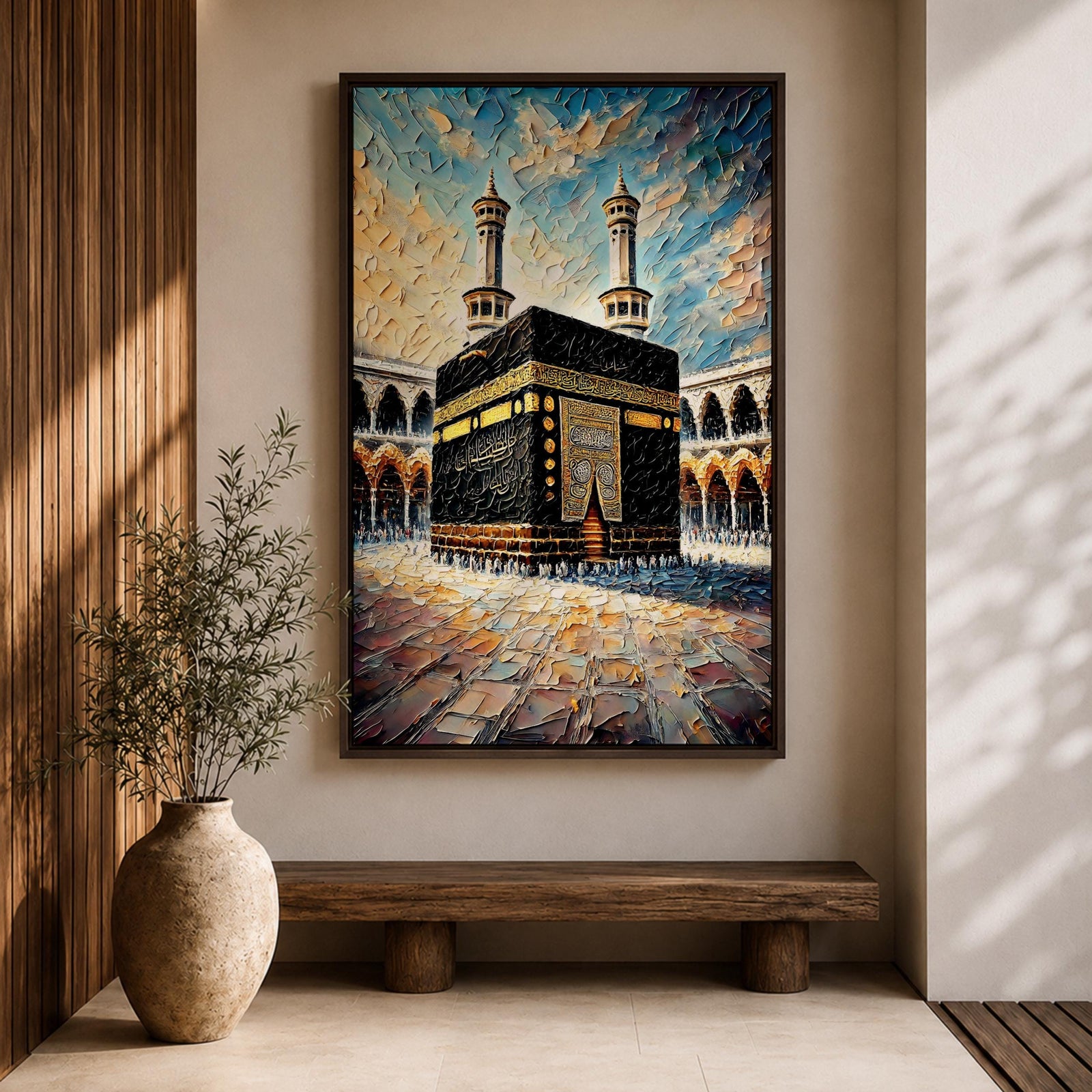 Textured painting of the Kaaba at Masjid Al Haram in Mecca showing the black cube with gold calligraphy bands centered in the mosque courtyard, surrounded by arches and two tall minarets under a dramatic blue sky rendered with thick palette knife textures.