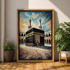 Textured painting of the Kaaba at Masjid Al Haram in Mecca showing the black cube with gold calligraphy bands centered in the mosque courtyard, surrounded by arches and two tall minarets under a dramatic blue sky rendered with thick palette knife textures.