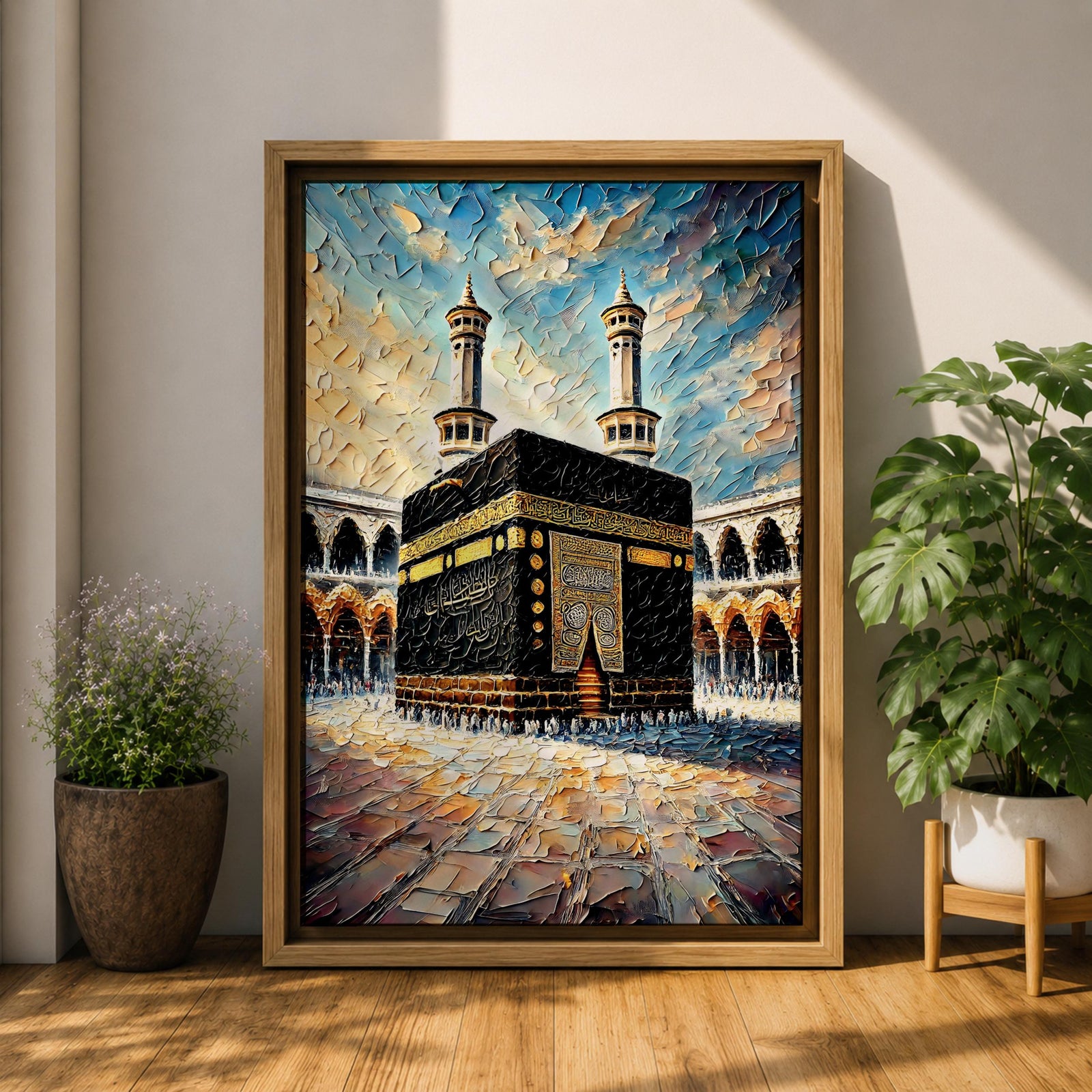 Textured painting of the Kaaba at Masjid Al Haram in Mecca showing the black cube with gold calligraphy bands centered in the mosque courtyard, surrounded by arches and two tall minarets under a dramatic blue sky rendered with thick palette knife textures.