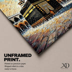 Textured painting of the Kaaba at Masjid Al Haram in Mecca showing the black cube with gold calligraphy bands centered in the mosque courtyard, surrounded by arches and two tall minarets under a dramatic blue sky rendered with thick palette knife textures.