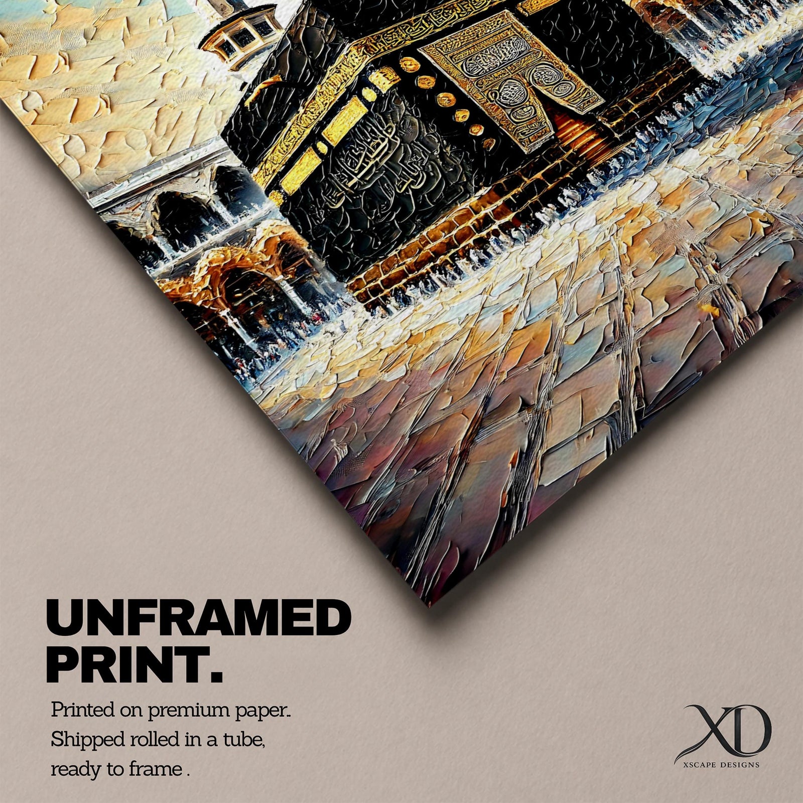 Textured painting of the Kaaba at Masjid Al Haram in Mecca showing the black cube with gold calligraphy bands centered in the mosque courtyard, surrounded by arches and two tall minarets under a dramatic blue sky rendered with thick palette knife textures.