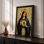 Mosaic style devotional artwork of the Virgin Mary with the Sacred Heart glowing on her chest while she raises one hand in blessing, wearing a deep blue mantle and standing before a radiant golden halo made of geometric tiles forming a classic Catholic icon composition.