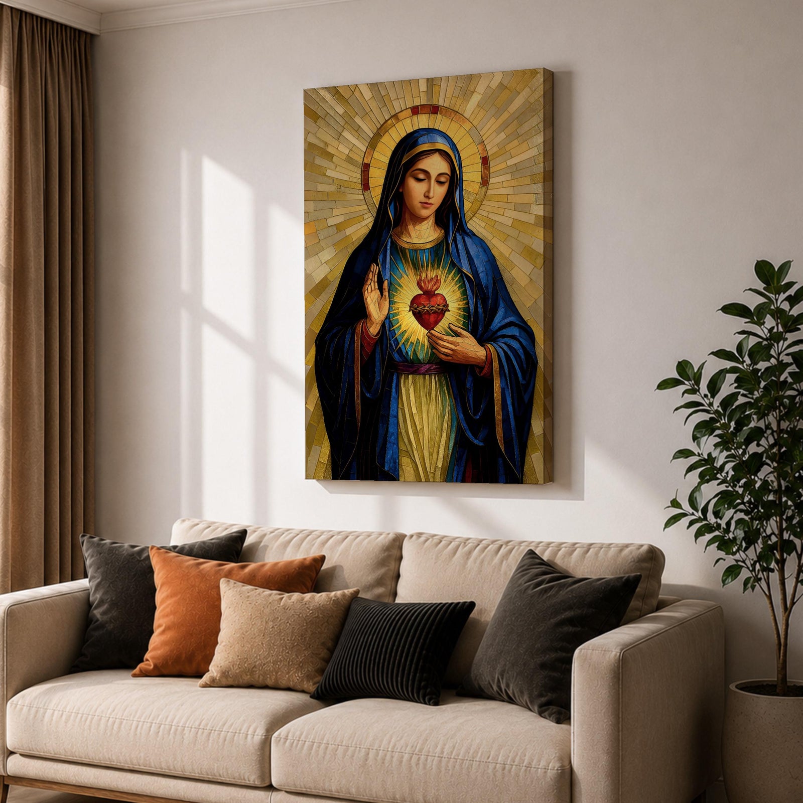 Mosaic style devotional artwork of the Virgin Mary with the Sacred Heart glowing on her chest while she raises one hand in blessing, wearing a deep blue mantle and standing before a radiant golden halo made of geometric tiles forming a classic Catholic icon composition.