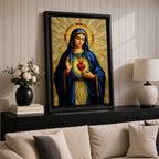 Mosaic style devotional artwork of the Virgin Mary with the Sacred Heart glowing on her chest while she raises one hand in blessing, wearing a deep blue mantle and standing before a radiant golden halo made of geometric tiles forming a classic Catholic icon composition.