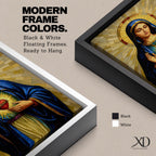 Mosaic style devotional artwork of the Virgin Mary with the Sacred Heart glowing on her chest while she raises one hand in blessing, wearing a deep blue mantle and standing before a radiant golden halo made of geometric tiles forming a classic Catholic icon composition.