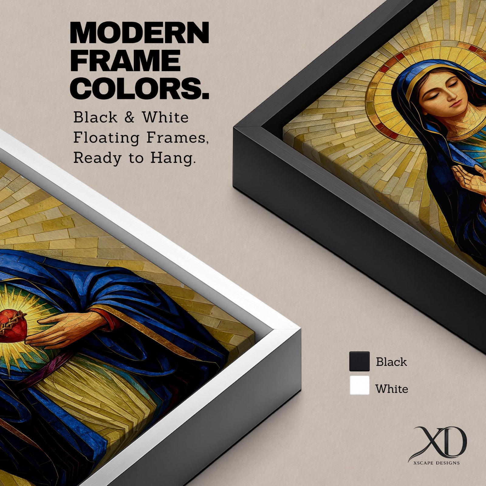 Mosaic style devotional artwork of the Virgin Mary with the Sacred Heart glowing on her chest while she raises one hand in blessing, wearing a deep blue mantle and standing before a radiant golden halo made of geometric tiles forming a classic Catholic icon composition.