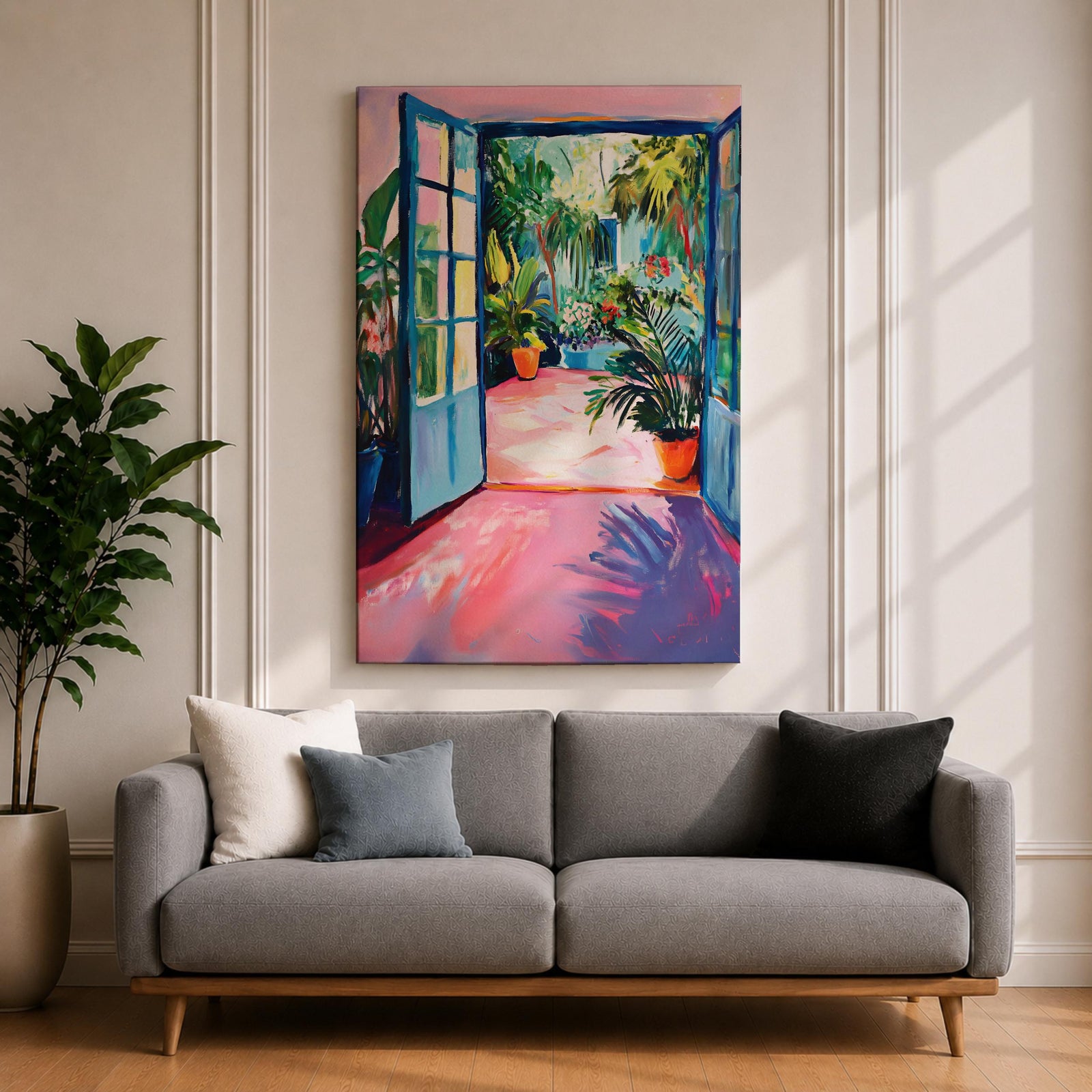 A vibrant watercolor painting depicting an open blue door leading to a lush tropical courtyard filled with potted plants and greenery. The scene captures a garden patio ambiance with loose brushstrokes and bright colors emphasizing the natural foliage and inviting outdoor space.