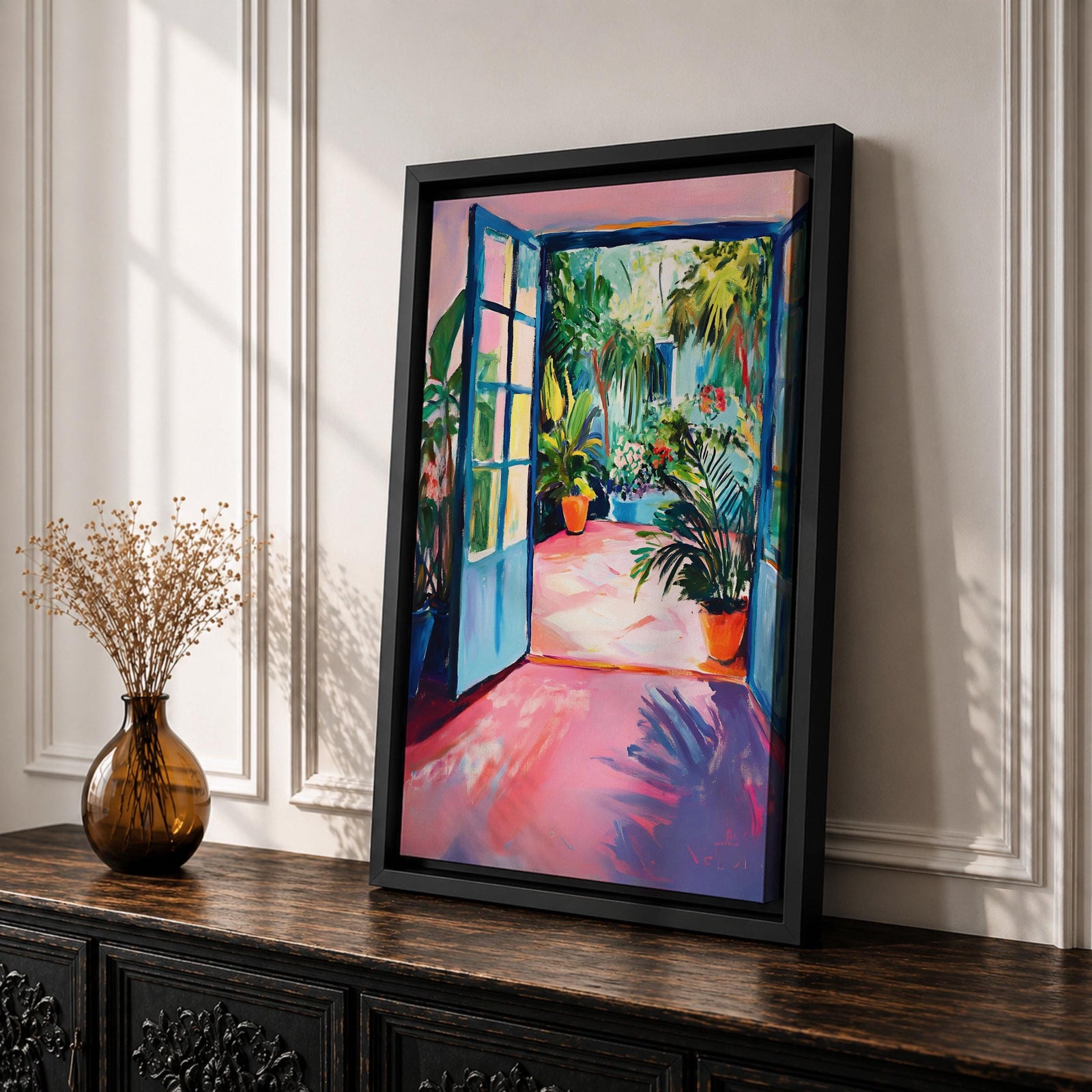 A vibrant watercolor painting depicting an open blue door leading to a lush tropical courtyard filled with potted plants and greenery. The scene captures a garden patio ambiance with loose brushstrokes and bright colors emphasizing the natural foliage and inviting outdoor space.