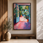A vibrant watercolor painting depicting an open blue door leading to a lush tropical courtyard filled with potted plants and greenery. The scene captures a garden patio ambiance with loose brushstrokes and bright colors emphasizing the natural foliage and inviting outdoor space.