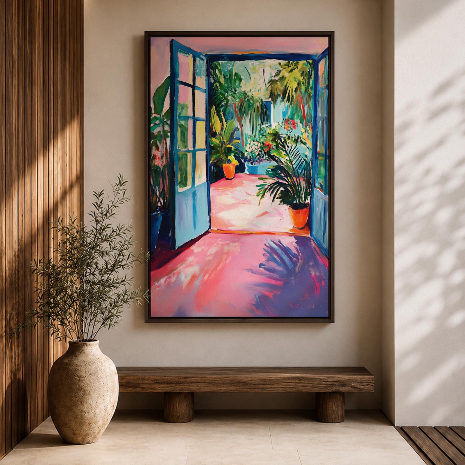 A vibrant watercolor painting depicting an open blue door leading to a lush tropical courtyard filled with potted plants and greenery. The scene captures a garden patio ambiance with loose brushstrokes and bright colors emphasizing the natural foliage and inviting outdoor space.