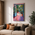 A vibrant watercolor painting depicting an open blue door leading to a lush tropical courtyard filled with potted plants and greenery. The scene captures a garden patio ambiance with loose brushstrokes and bright colors emphasizing the natural foliage and inviting outdoor space.