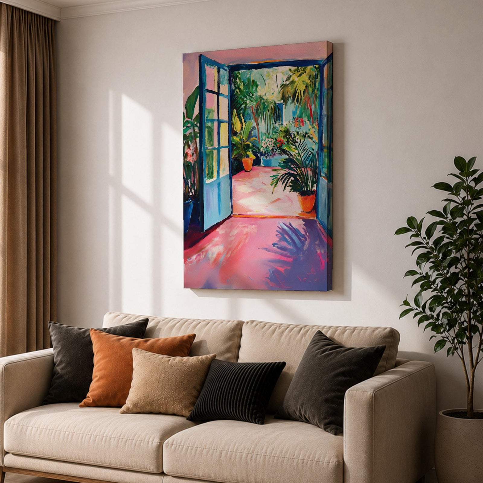 A vibrant watercolor painting depicting an open blue door leading to a lush tropical courtyard filled with potted plants and greenery. The scene captures a garden patio ambiance with loose brushstrokes and bright colors emphasizing the natural foliage and inviting outdoor space.