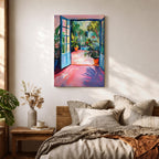 A vibrant watercolor painting depicting an open blue door leading to a lush tropical courtyard filled with potted plants and greenery. The scene captures a garden patio ambiance with loose brushstrokes and bright colors emphasizing the natural foliage and inviting outdoor space.