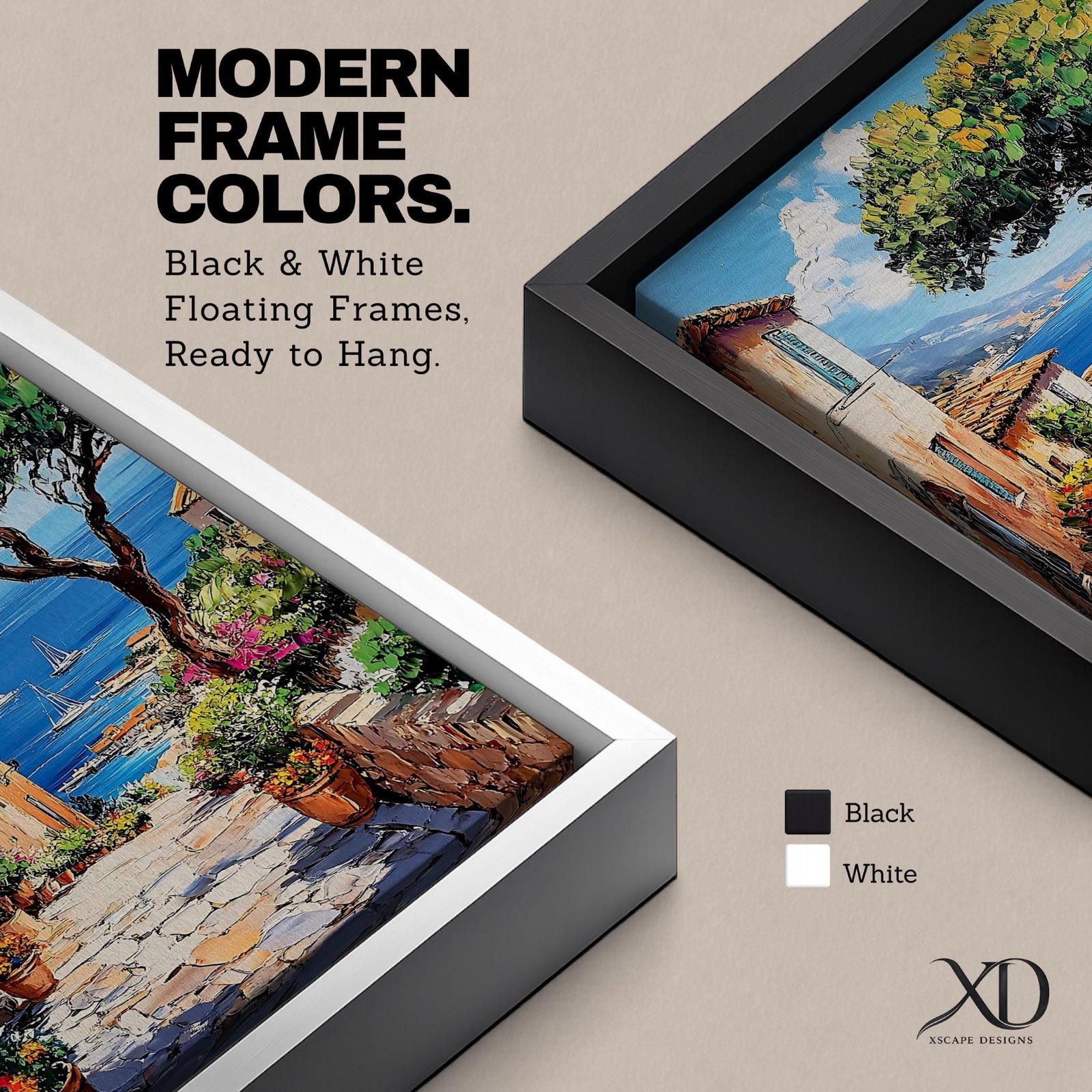 A vibrant framed canvas painting depicting a charming coastal village with stone-paved streets, terracotta rooftops, lush greenery, colorful flowers, and sailboats on a deep blue sea under a clear sky, rendered in a detailed, realistic style capturing Mediterranean summer ambiance.