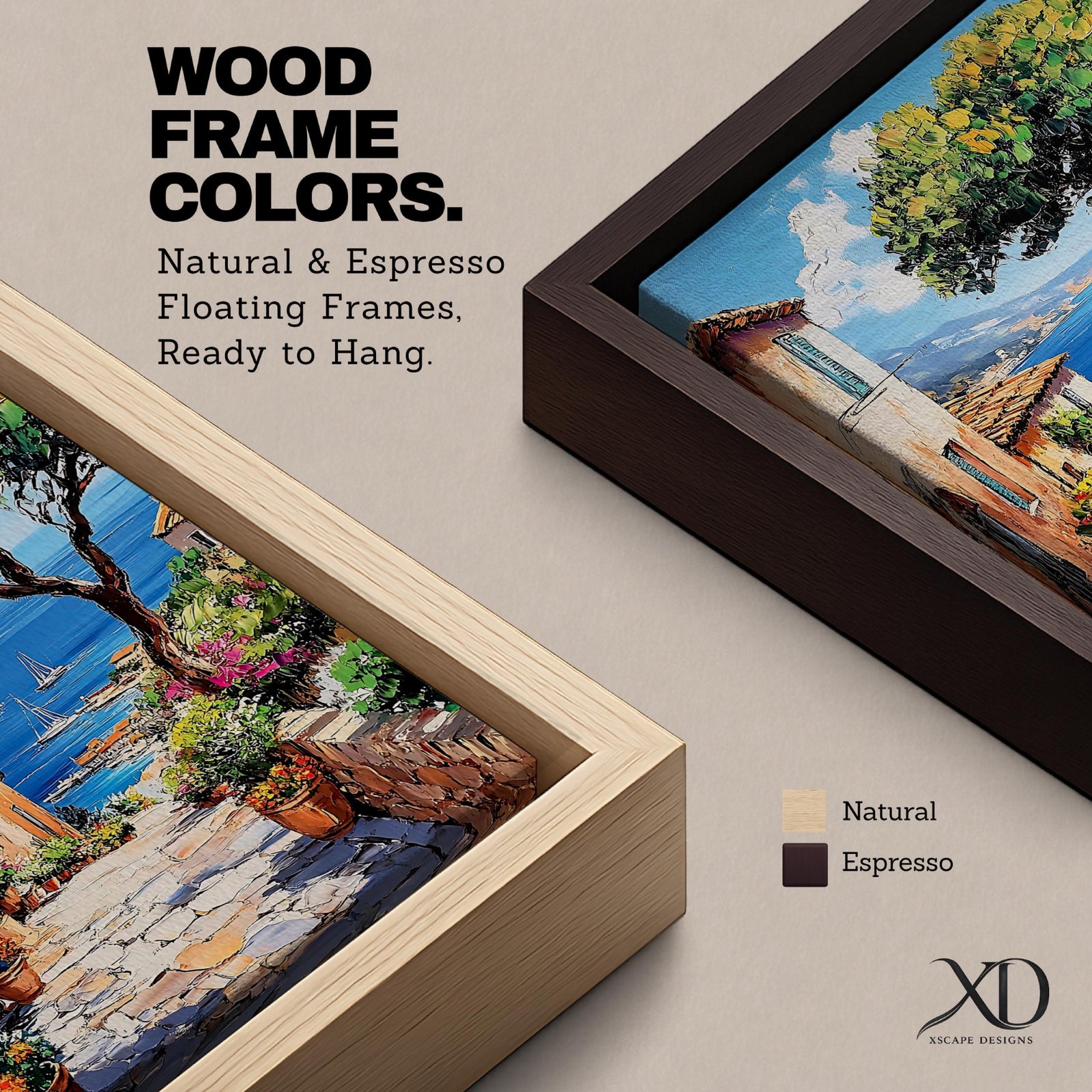 A vibrant framed canvas painting depicting a charming coastal village with stone-paved streets, terracotta rooftops, lush greenery, colorful flowers, and sailboats on a deep blue sea under a clear sky, rendered in a detailed, realistic style capturing Mediterranean summer ambiance.