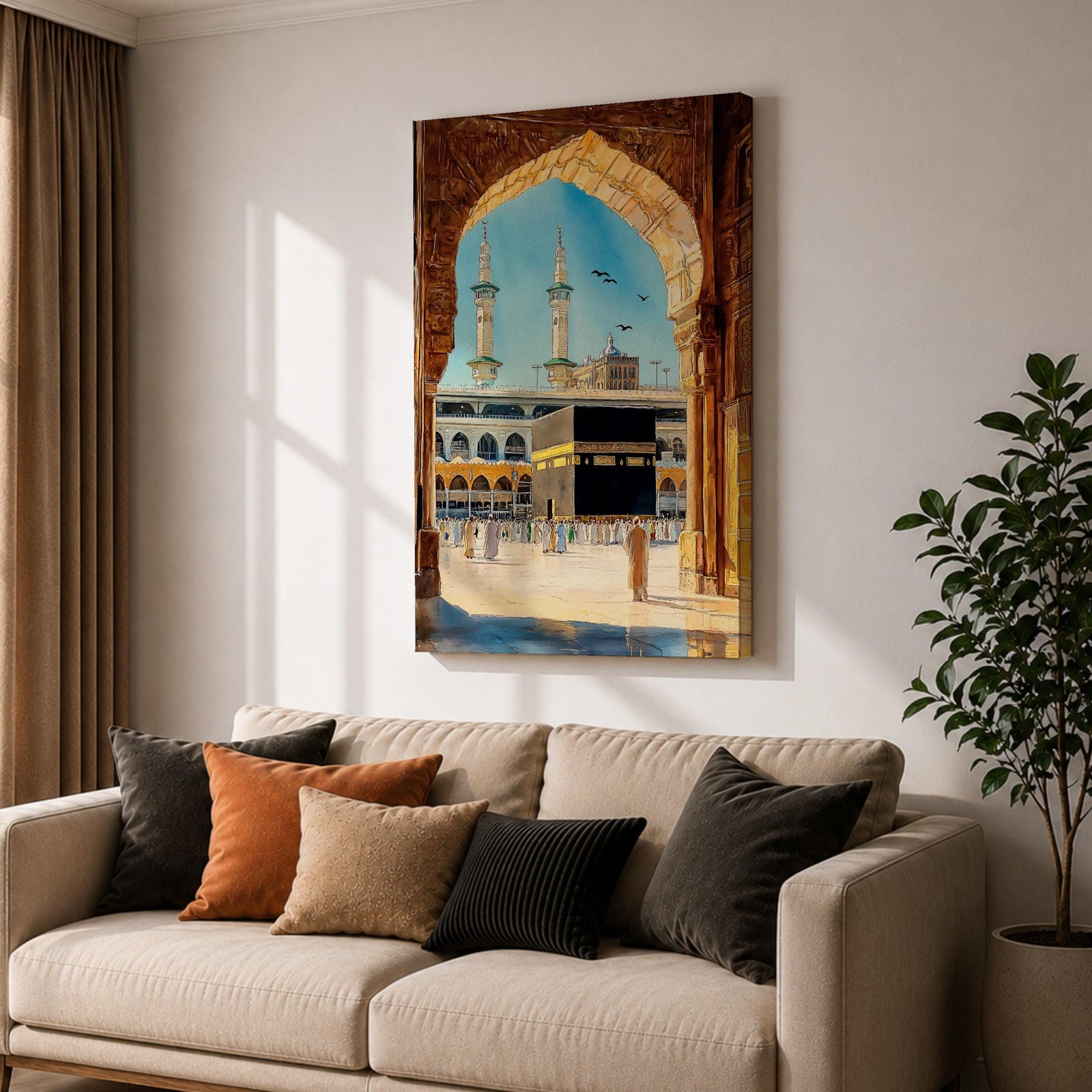 Watercolor style artwork showing the Kaaba at Masjid Al Haram in Mecca framed through a large golden mosque arch, with pilgrims gathered around the courtyard and two tall minarets rising against a clear blue sky.