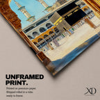Watercolor style artwork showing the Kaaba at Masjid Al Haram in Mecca framed through a large golden mosque arch, with pilgrims gathered around the courtyard and two tall minarets rising against a clear blue sky.