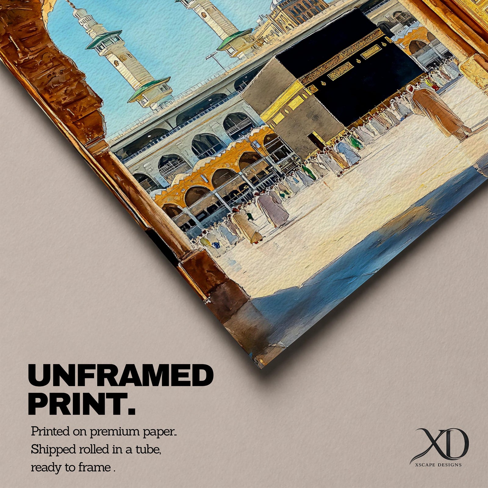 Watercolor style artwork showing the Kaaba at Masjid Al Haram in Mecca framed through a large golden mosque arch, with pilgrims gathered around the courtyard and two tall minarets rising against a clear blue sky.