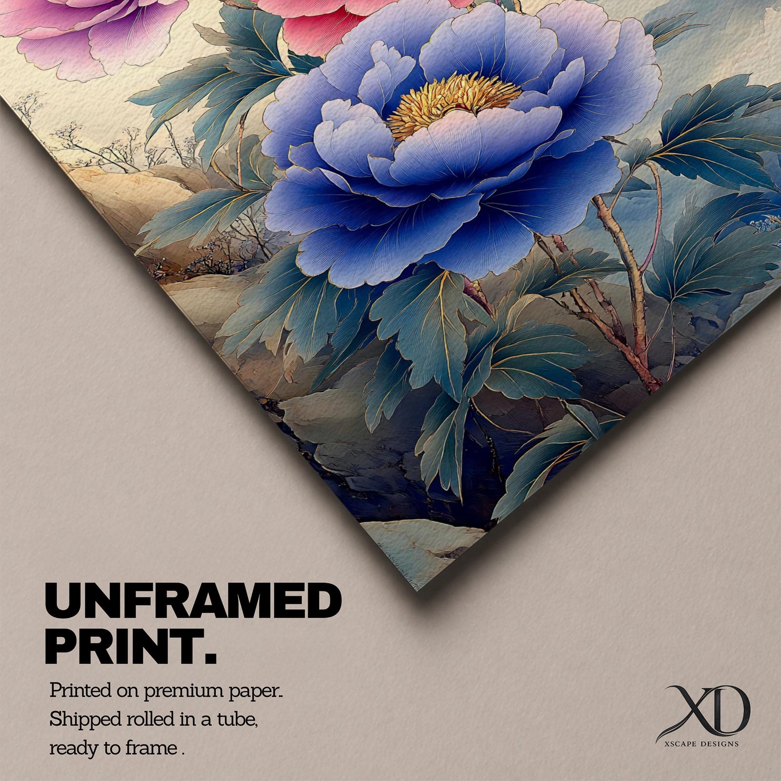 A detailed watercolor painting of three large peony flowers in pink, purple, and blue hues with lush green leaves. The composition highlights the delicate petals and botanical elements in a soft, naturalistic style with a subtle Japanese influence.