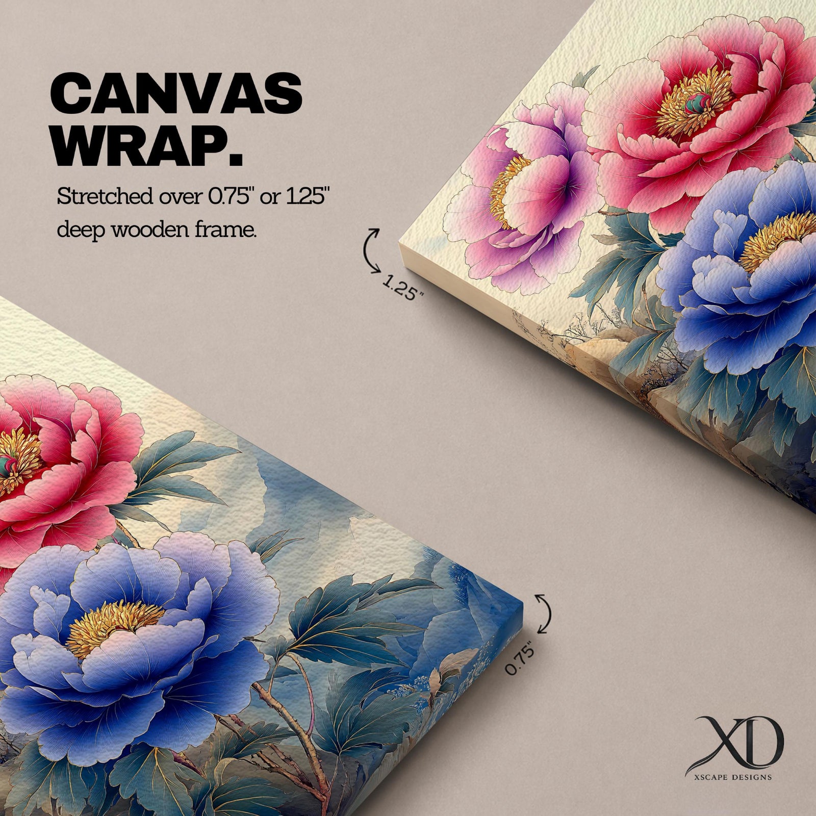 A detailed watercolor painting of three large peony flowers in pink, purple, and blue hues with lush green leaves. The composition highlights the delicate petals and botanical elements in a soft, naturalistic style with a subtle Japanese influence.