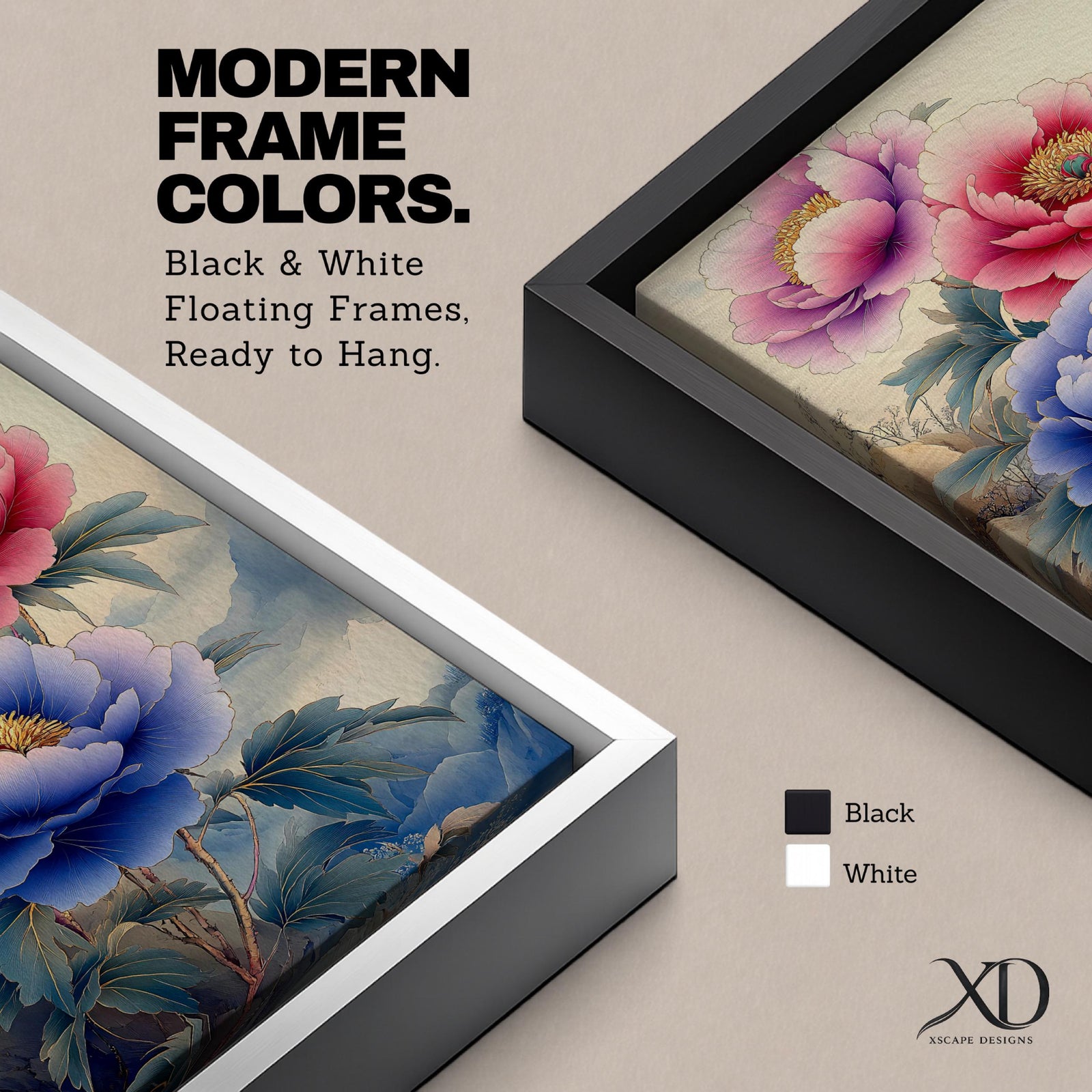 A detailed watercolor painting of three large peony flowers in pink, purple, and blue hues with lush green leaves. The composition highlights the delicate petals and botanical elements in a soft, naturalistic style with a subtle Japanese influence.