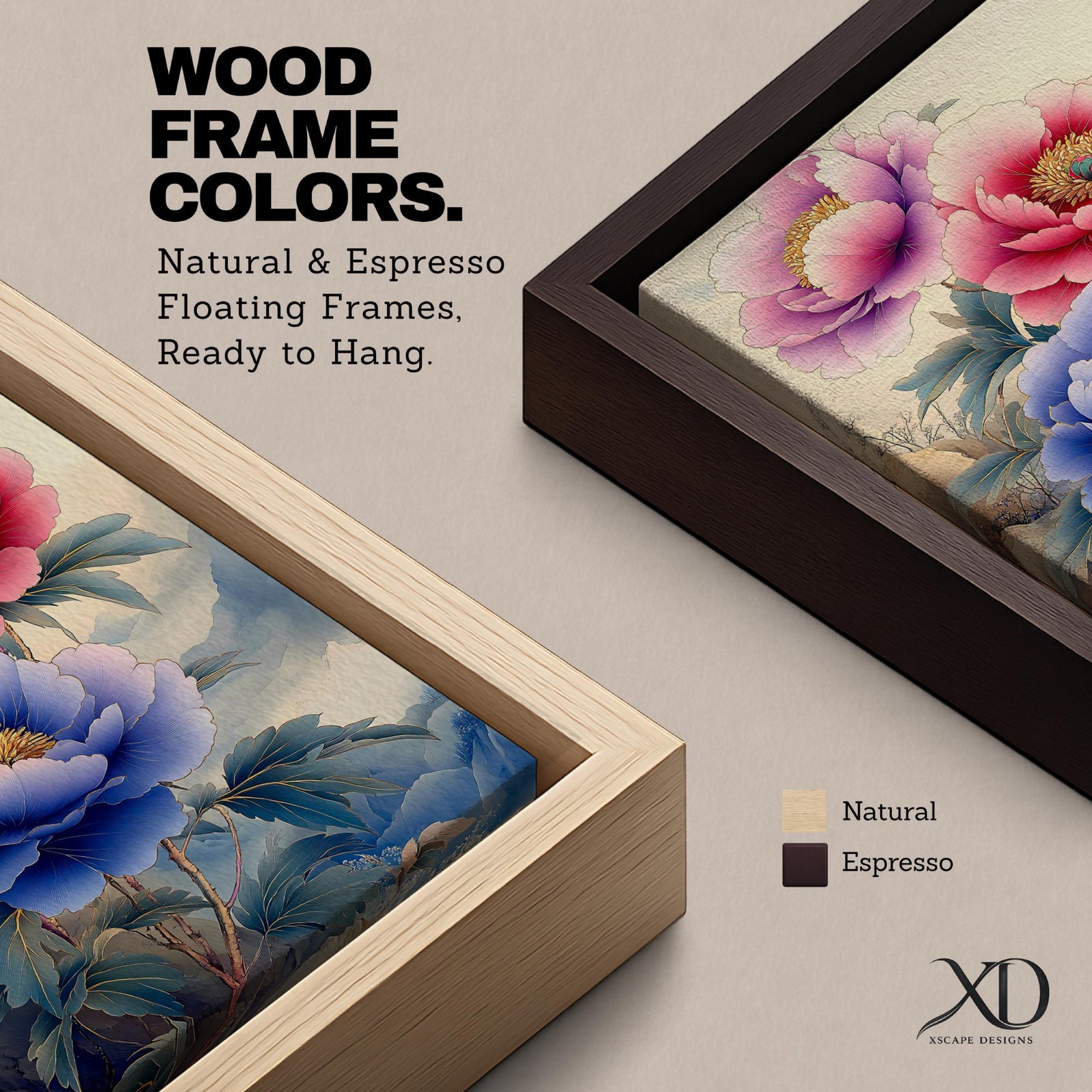 A detailed watercolor painting of three large peony flowers in pink, purple, and blue hues with lush green leaves. The composition highlights the delicate petals and botanical elements in a soft, naturalistic style with a subtle Japanese influence.