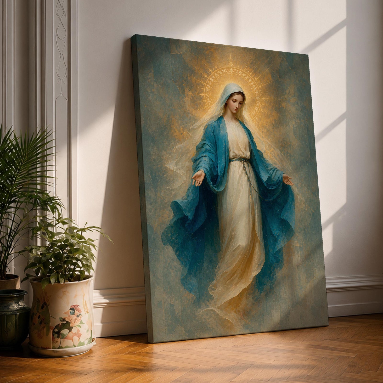 Elegant Virgin Mary wall art featuring the Blessed Mother in flowing blue and white robes with a radiant golden halo. Soft impressionist textures and serene colors create a sacred Catholic artwork ideal for prayer rooms, bedrooms, churches, and Christian home decor.
