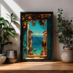 Escape to the seaside with this Mediterranean Coastal Wall Art, featuring an open turquoise window overlooking a sparkling blue ocean framed by vibrant orange trees. This scenic canvas print brings timeless European charm to living rooms, bedrooms, beach houses, and coastal-inspired spaces.