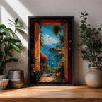 Mediterranean coastal wall art featuring open wooden shutters overlooking a sparkling blue bay, palm trees, colorful flowers, sailboats, and a charming seaside village. Impressionist ocean view canvas perfect for beach house, coastal, and Mediterranean-inspired interiors.