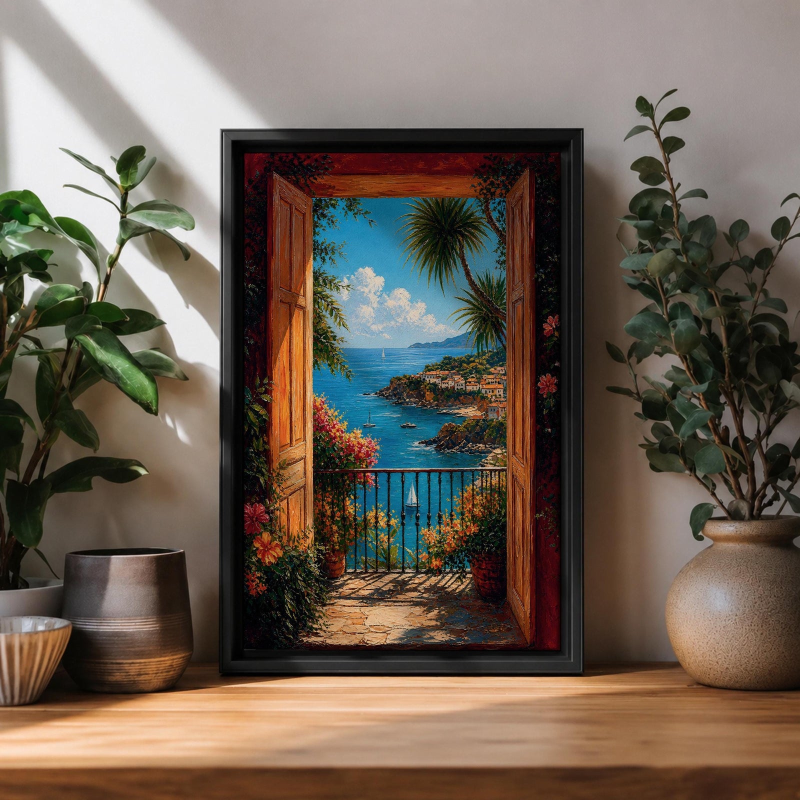 Mediterranean coastal wall art featuring open wooden shutters overlooking a sparkling blue bay, palm trees, colorful flowers, sailboats, and a charming seaside village. Impressionist ocean view canvas perfect for beach house, coastal, and Mediterranean-inspired interiors.