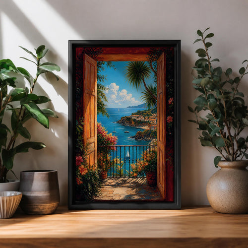 Mediterranean coastal wall art featuring open wooden shutters overlooking a sparkling blue bay, palm trees, colorful flowers, sailboats, and a charming seaside village. Impressionist ocean view canvas perfect for beach house, coastal, and Mediterranean-inspired interiors.