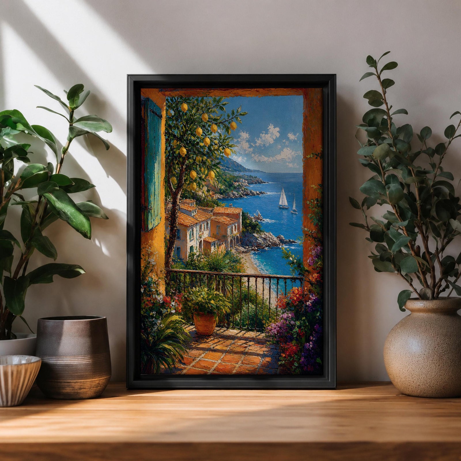 Colorful coastal wall art featuring a lemon tree beside a Mediterranean balcony overlooking turquoise waters, sailboats, and a charming seaside village. Rich impressionist brushwork and vibrant florals create a warm coastal atmosphere.