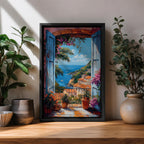 Colorful Mediterranean coastal village seen through open blue shutters overlooking a sparkling sea. Terracotta rooftops, blooming flowers, palm trees, and boats create a vibrant Italian seaside landscape in an impressionist-style framed canvas wall art.