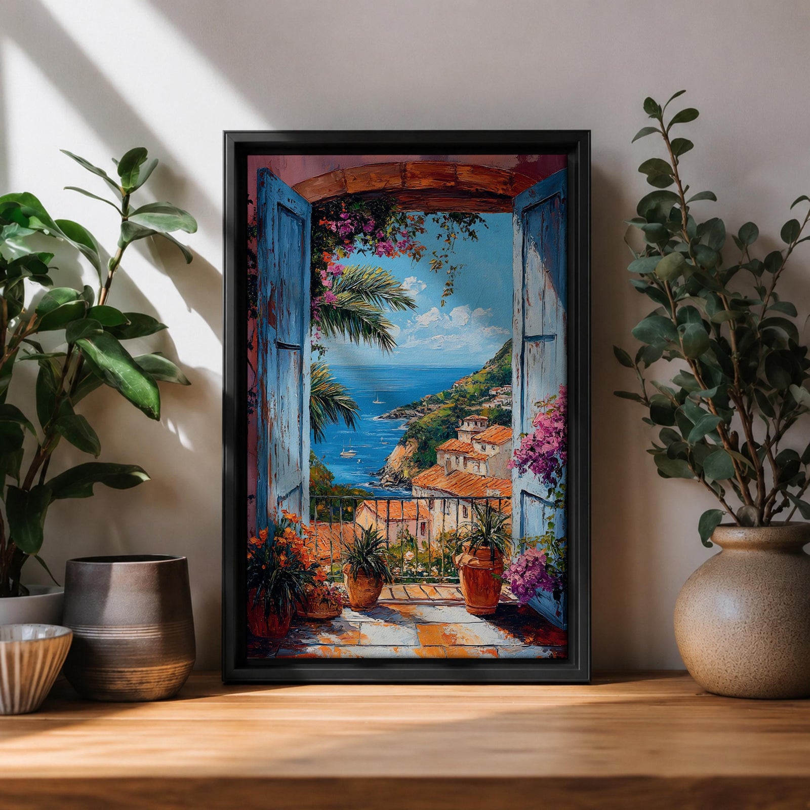 Colorful Mediterranean coastal village seen through open blue shutters overlooking a sparkling sea. Terracotta rooftops, blooming flowers, palm trees, and boats create a vibrant Italian seaside landscape in an impressionist-style framed canvas wall art.