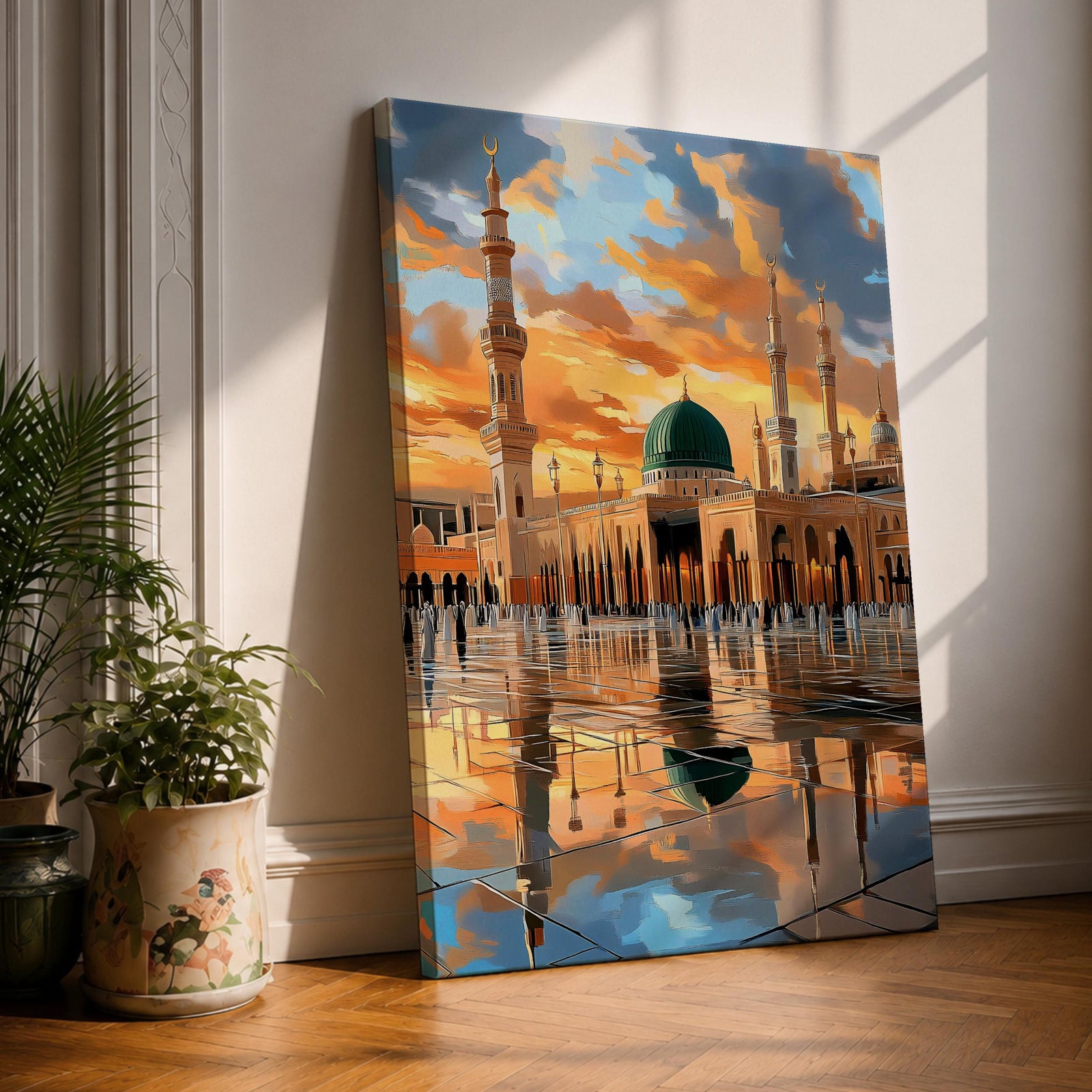Painting of Masjid Al Nabawi in Medina featuring the iconic green dome and tall minarets glowing beneath a dramatic sunset sky, with reflections across the polished courtyard and worshippers walking through the sacred mosque plaza.