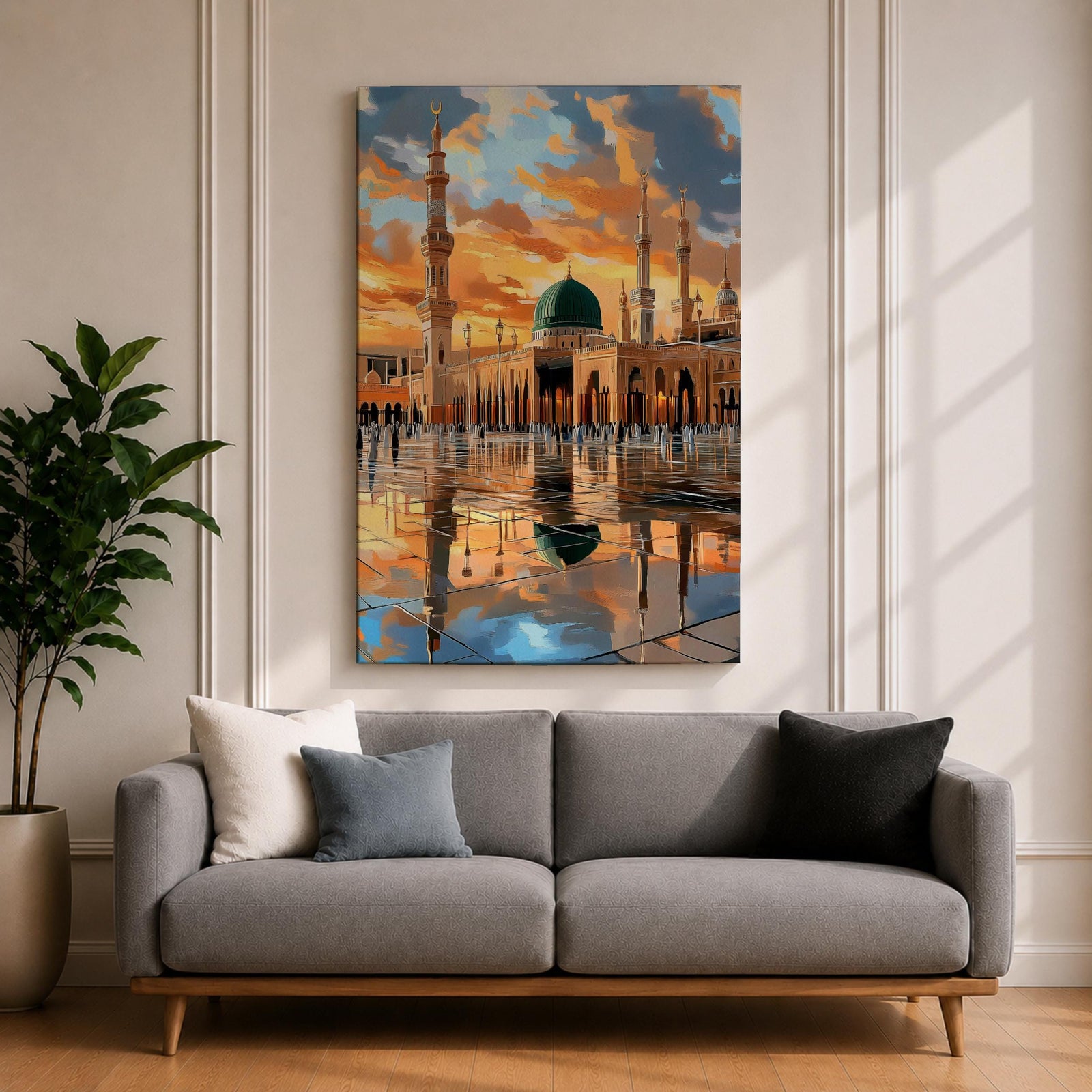 Painting of Masjid Al Nabawi in Medina featuring the iconic green dome and tall minarets glowing beneath a dramatic sunset sky, with reflections across the polished courtyard and worshippers walking through the sacred mosque plaza.