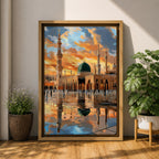 Painting of Masjid Al Nabawi in Medina featuring the iconic green dome and tall minarets glowing beneath a dramatic sunset sky, with reflections across the polished courtyard and worshippers walking through the sacred mosque plaza.