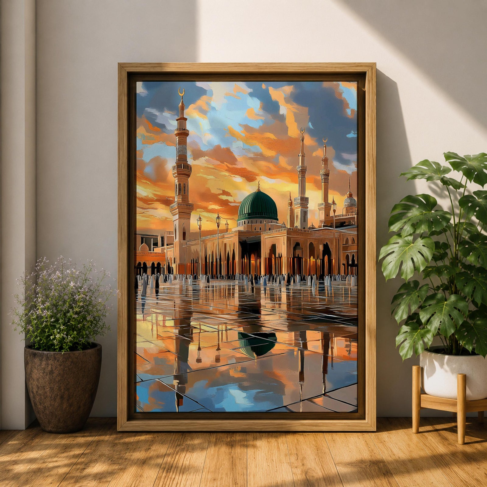 Painting of Masjid Al Nabawi in Medina featuring the iconic green dome and tall minarets glowing beneath a dramatic sunset sky, with reflections across the polished courtyard and worshippers walking through the sacred mosque plaza.