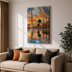 Painting of Masjid Al Nabawi in Medina featuring the iconic green dome and tall minarets glowing beneath a dramatic sunset sky, with reflections across the polished courtyard and worshippers walking through the sacred mosque plaza.